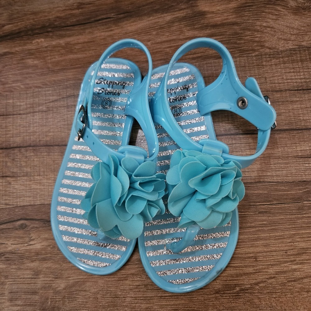 Stepping Stones Girls Blue Jelly Sandals Flower Glitter Size 8